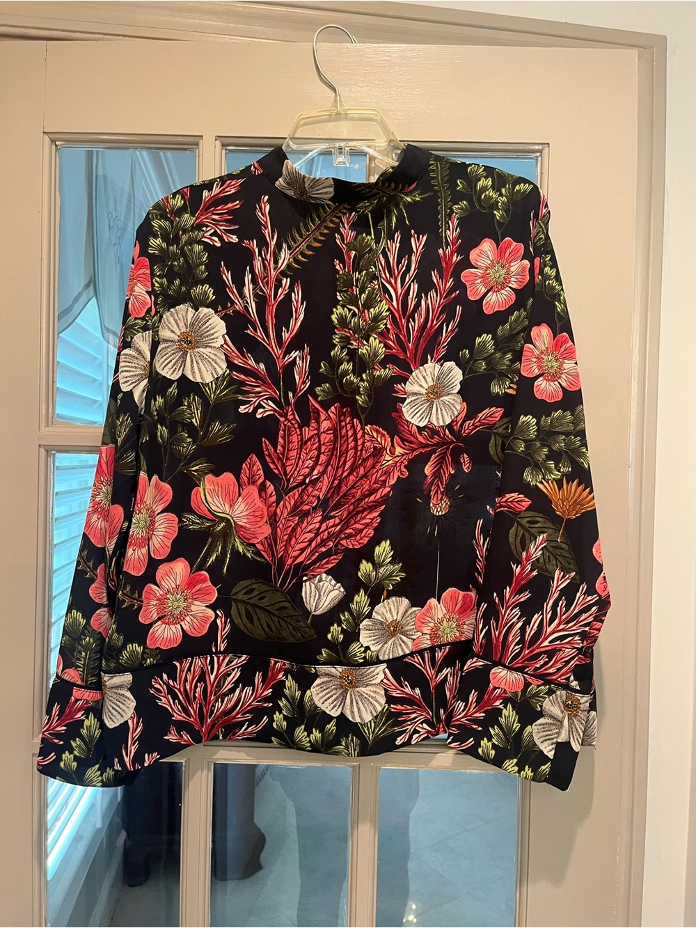 H&M Black Floral Mock-Neck Blouse with Pink and White Flowers